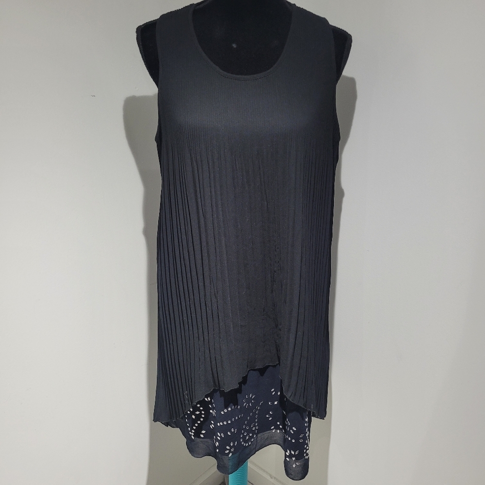 Desigual Women's Sleeveless Pleated Layered Shift Dress Size 44 Black Blue Studs